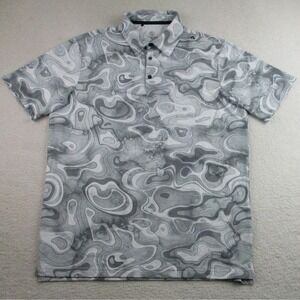 Scales Polo Shirt Mens Medium Gray White Topo Map Print Performance Fishing Golf
